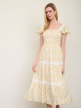 Floral Lace Trim Smocked Tiered Midi Dress